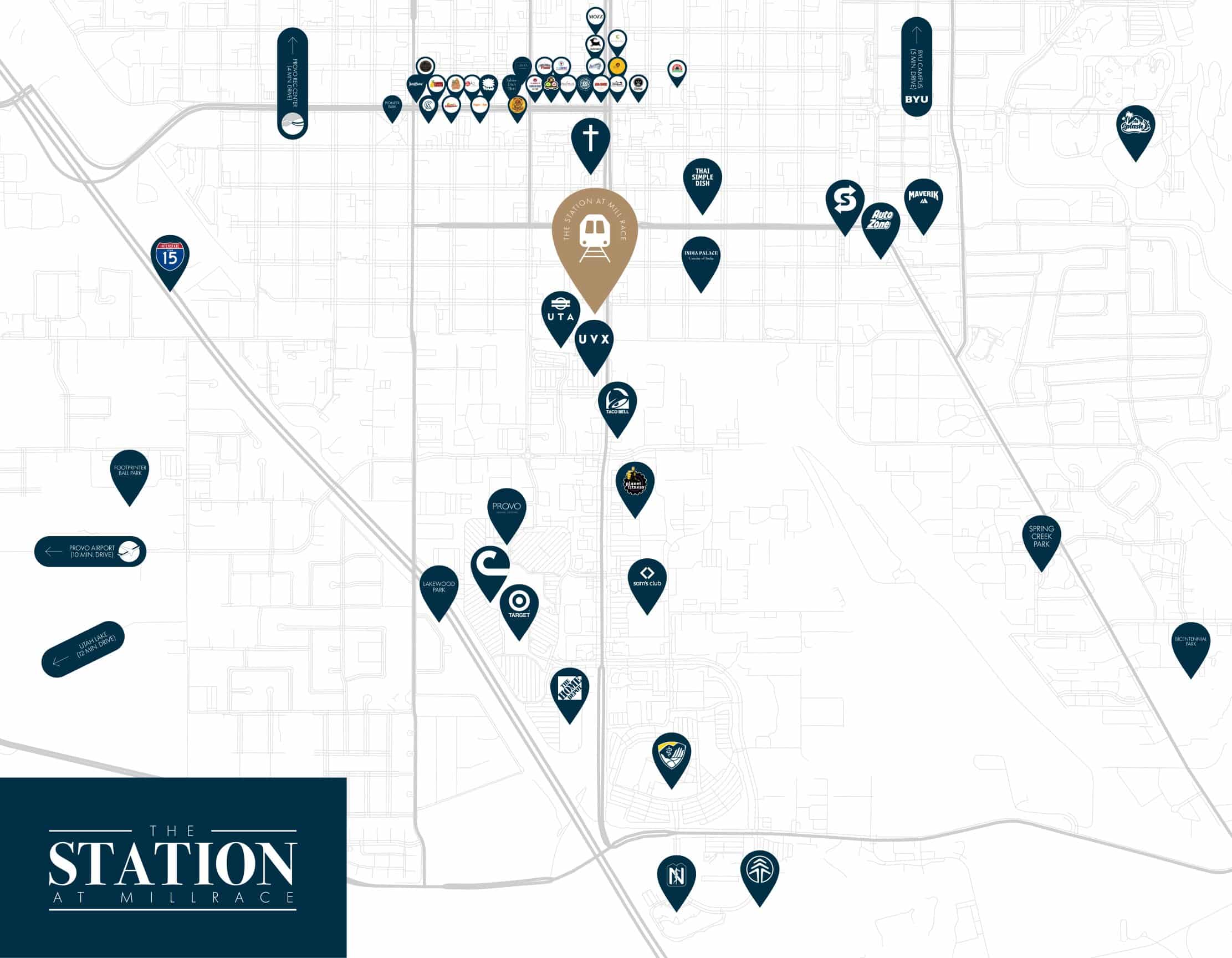Map of The Station at Millrace with blue pins marking nearby stores and venues along streets for quick orientation.